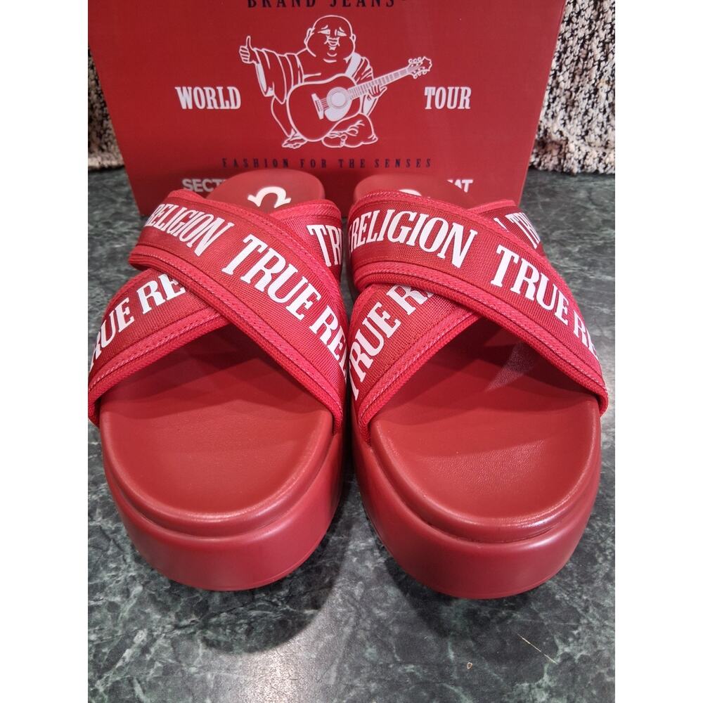 WOMEN'S TRUE RELIGION ALIA CROSS OVER RED SANDALS PLATFORM SLIDES SIZE 10 NEW - Picture 2 of 9